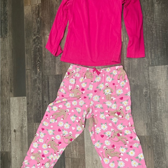 Nick & Nora Sock Monkey Daisy Heart Flannel Pajama Lounge Set Medium Pink - Picture 9 of 9